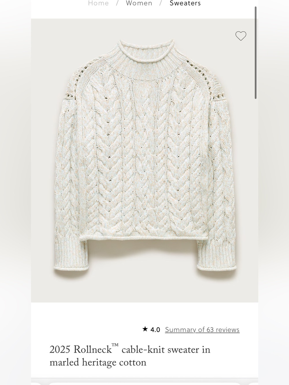J. Crew 2025 Rollneck cable-knit sweater in marled heritage cotton
